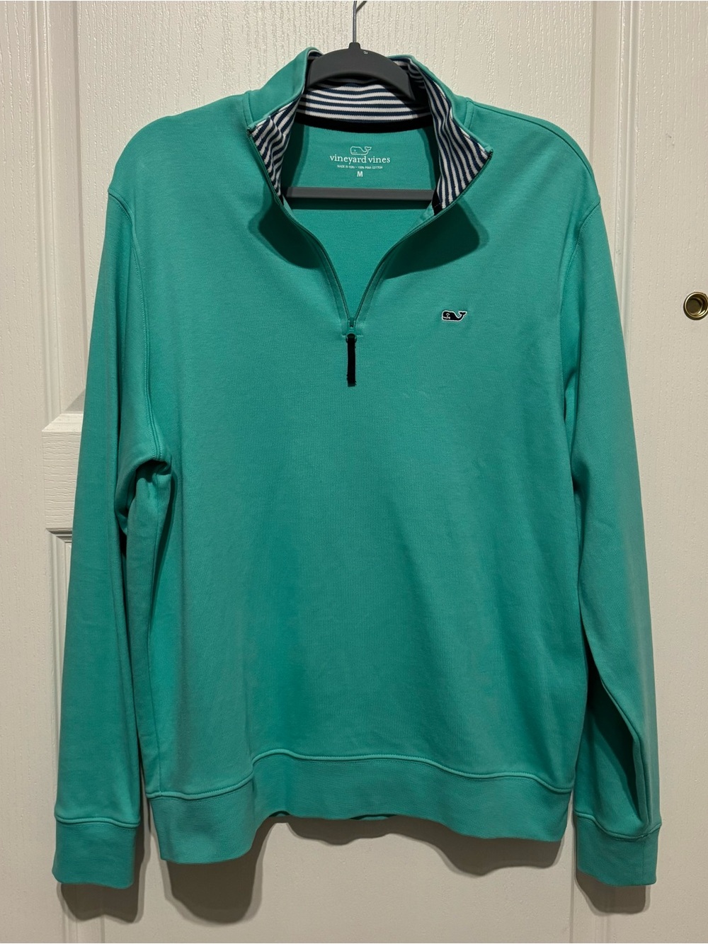Vineyard Vines Men’s Teal Zip-Neck Pullover with Striped Collar